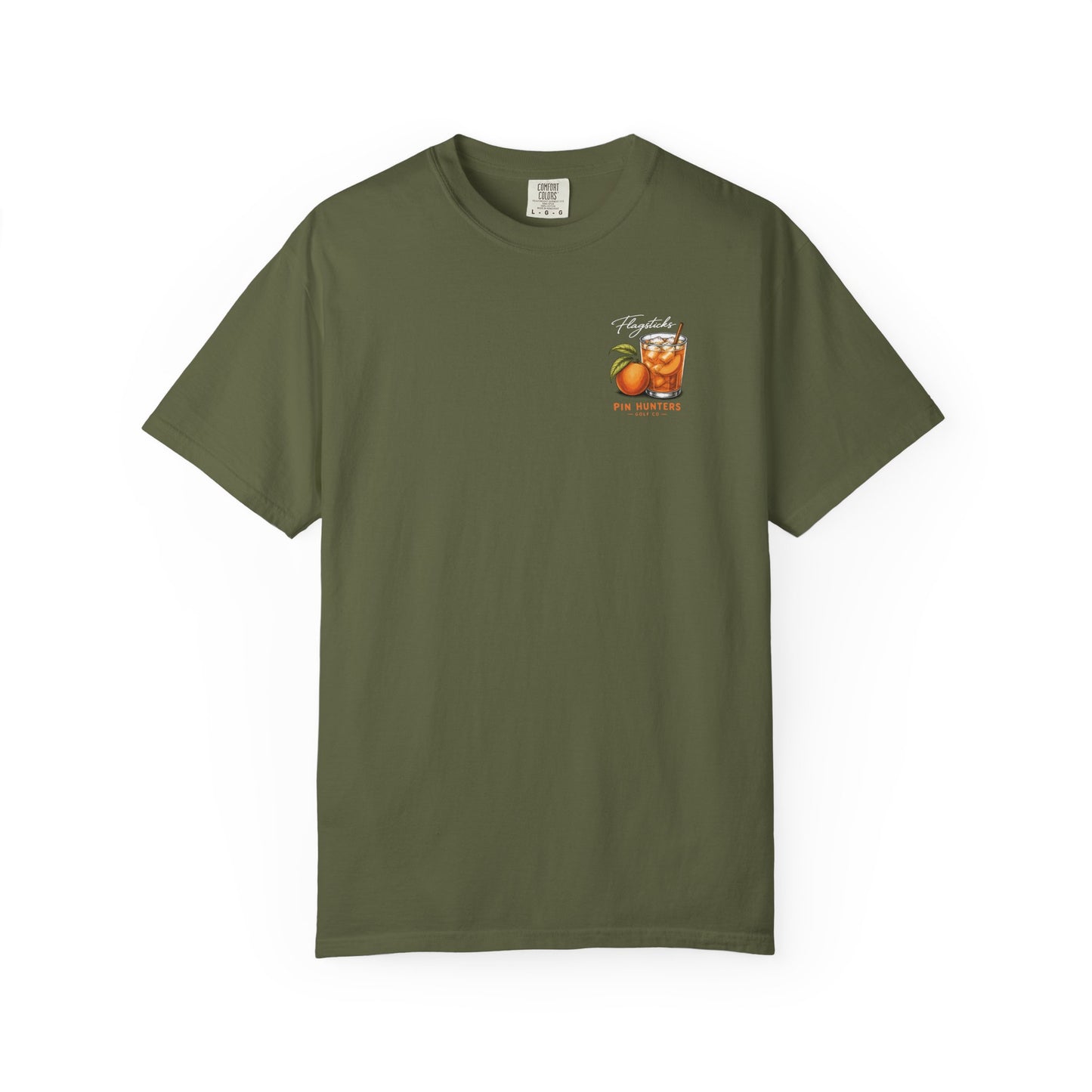 Olive green Peachy T-shirt shown flat with a small peach iced tea chest graphic.