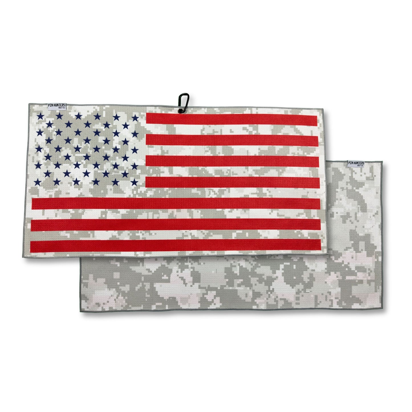 American flag digital camo golf towel product image showing a red, white, and blue flag front design with gray digital camo pattern on the back.