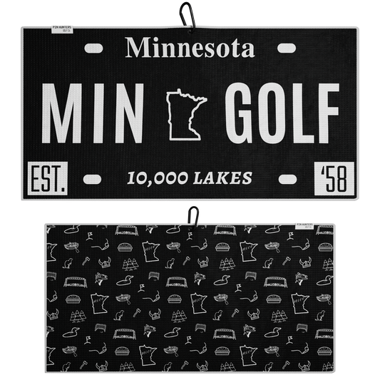 Black Minnesota license plate golf towel set with white MIN Golf design, 10,000 Lakes text, and patterned back towel.