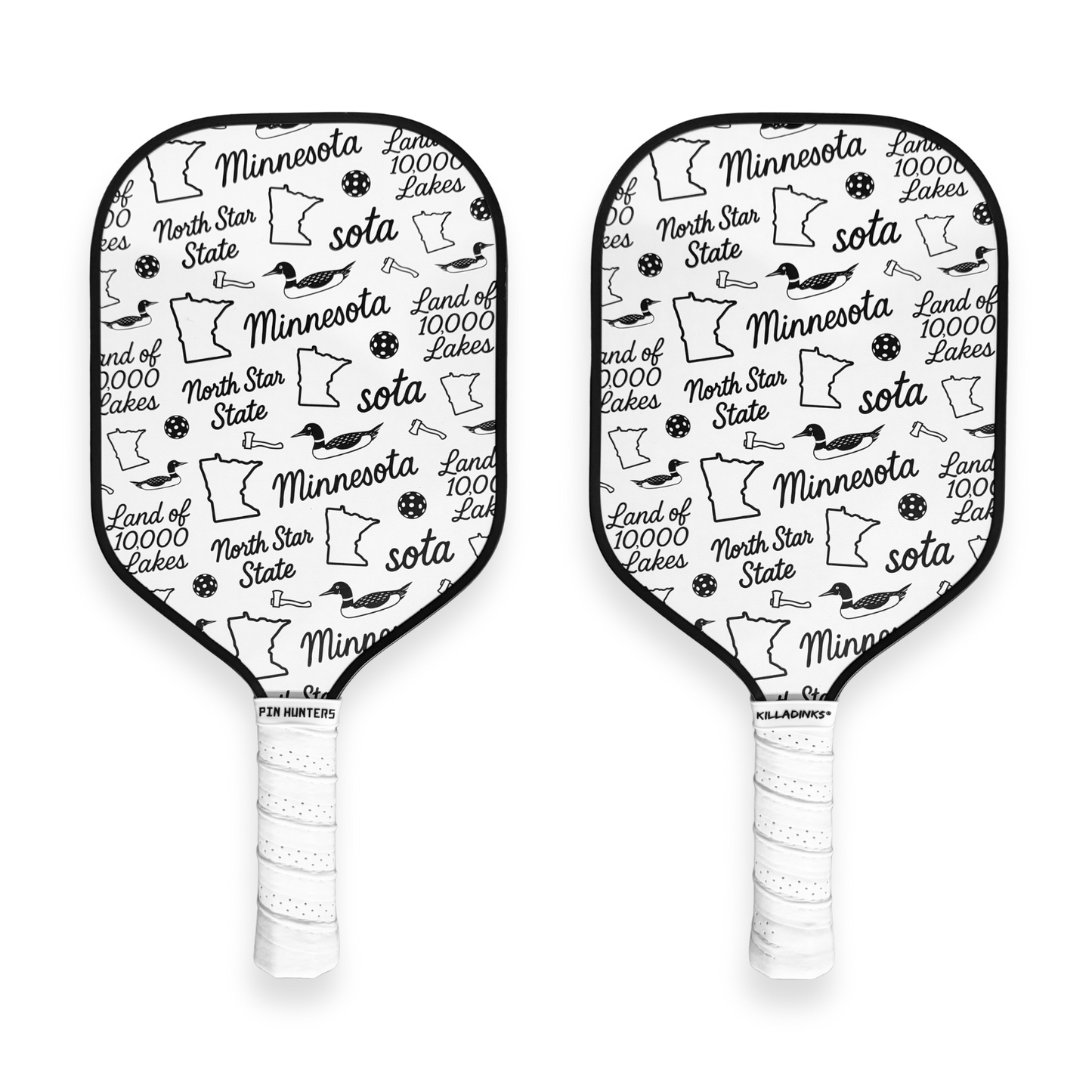 Black and white Minnesota pickleball paddle set with state icons, loons, pickleballs, and white grips.