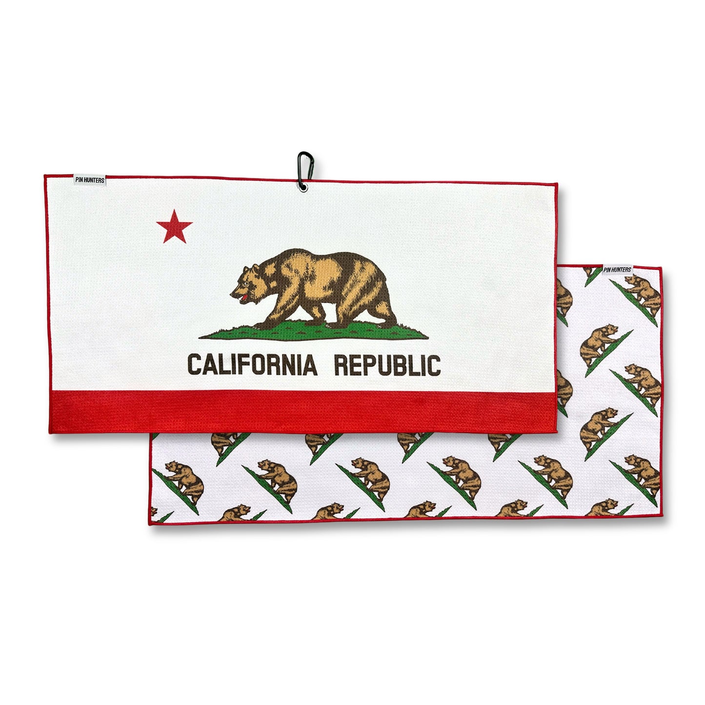 California Republic golf towel product image showing the bear flag front design with red border and a repeating California bear back pattern.