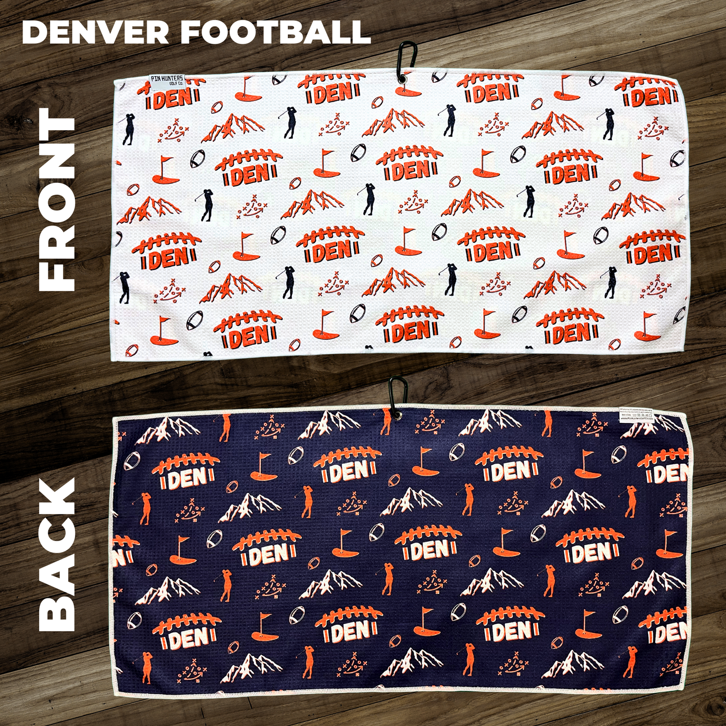 Denver Broncos inspired golf towel layout showing white front and navy back towels with orange football, mountain, flag, and golf icons.