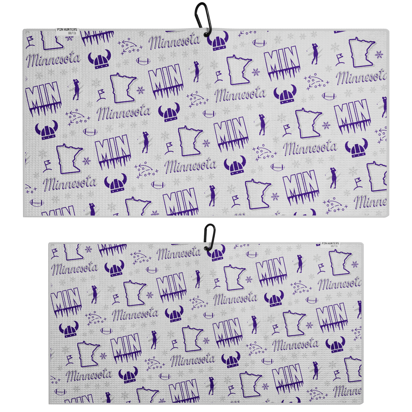 MIN football golf towel front and back product image with white and purple designs, football icons, golfer graphics, playbook symbols, snowflakes, and Viking helmet details.