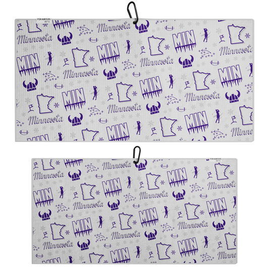 MIN football golf towel front and back product image with white and purple designs, football icons, golfer graphics, playbook symbols, snowflakes, and Viking helmet details.