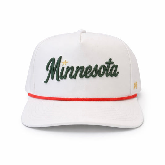 White Minnesota performance hat with green cursive embroidery, small gold star detail, red rope, and white flat brim.