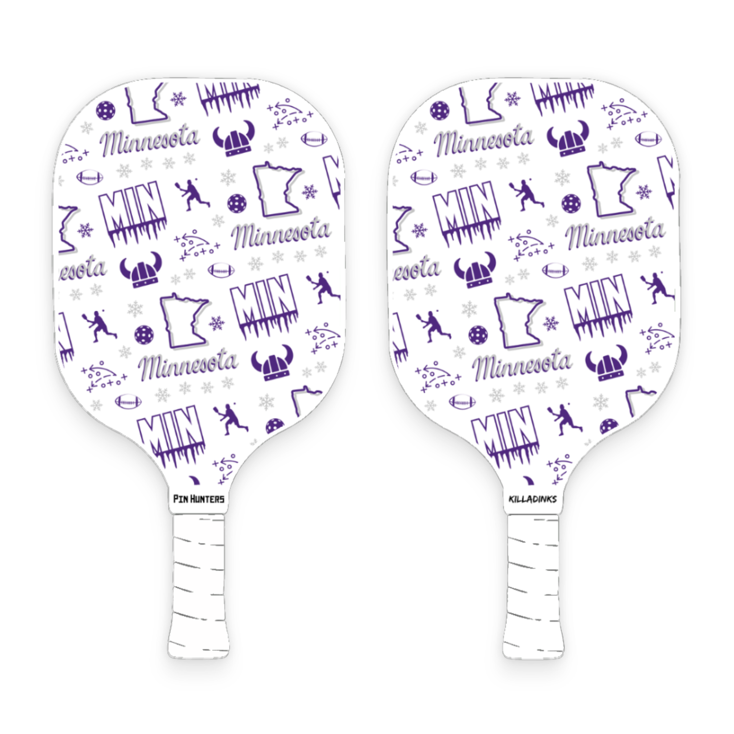 Minnesota Vikings pickleball paddle pair with purple MIN pattern, football icons, helmet graphics, snowflakes, and white handles.