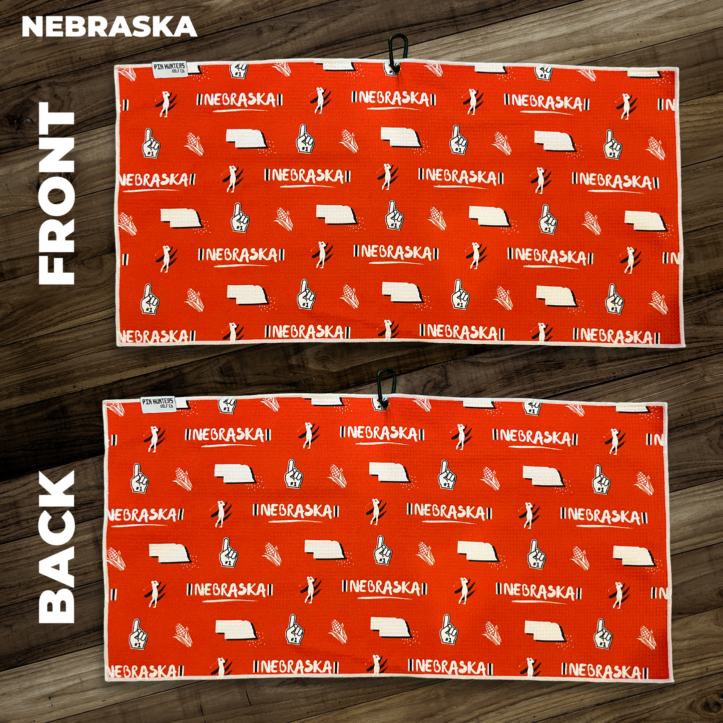 Nebraska golf towel layout with orange background, state outline, corn, foam finger, golfer, and repeating Nebraska text icons.