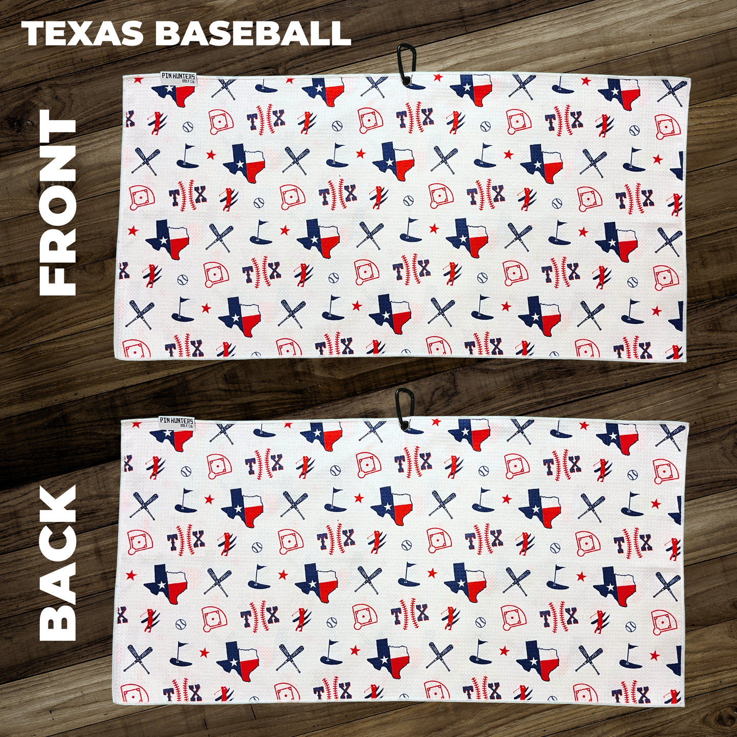 Texas baseball golf towel layout showing front and back towel designs with Texas shapes, baseball graphics, bats, stars, and golf icons.