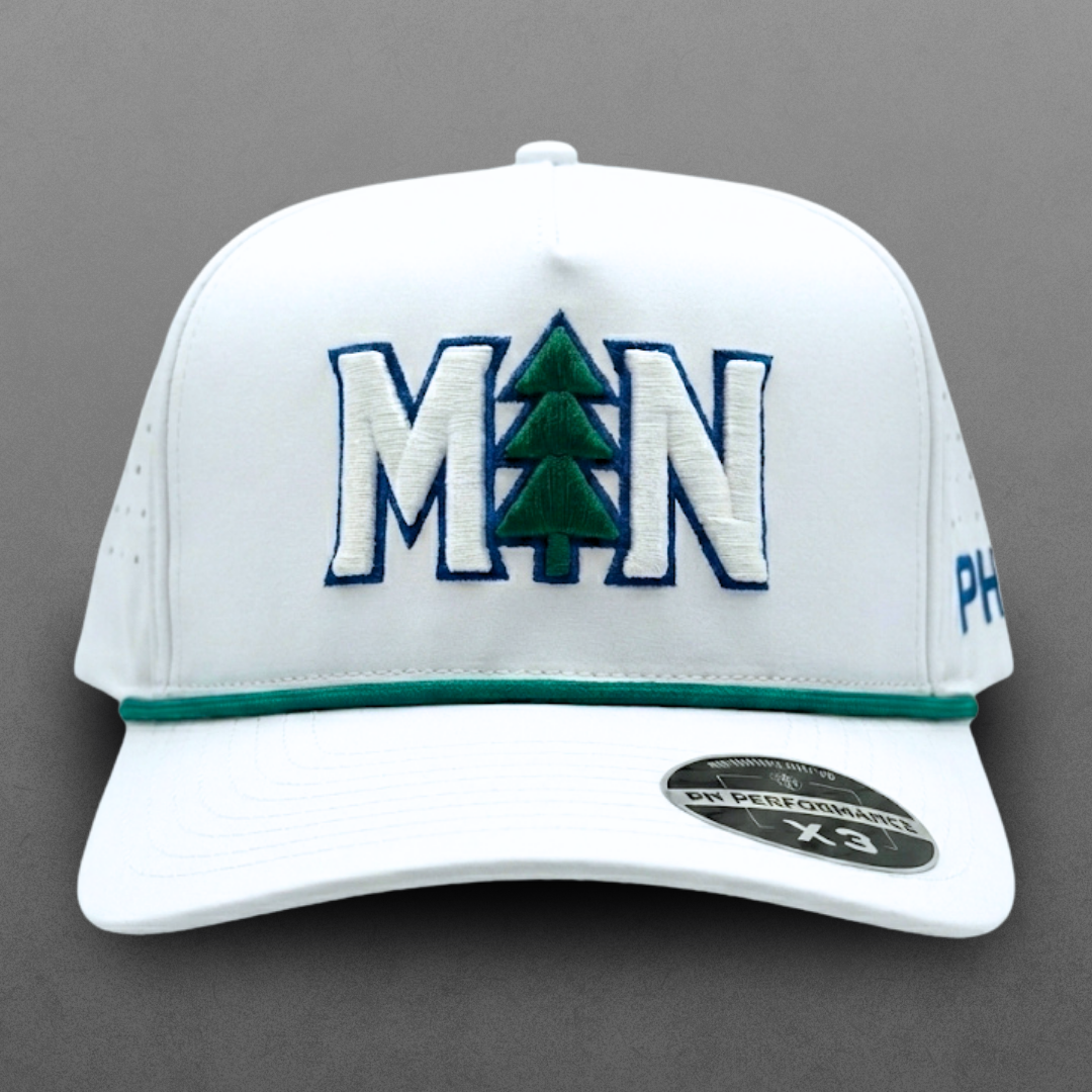 White MN pine tree performance hat with green and navy embroidery, green rope, flat brim, and PH Performance X3 sticker.
