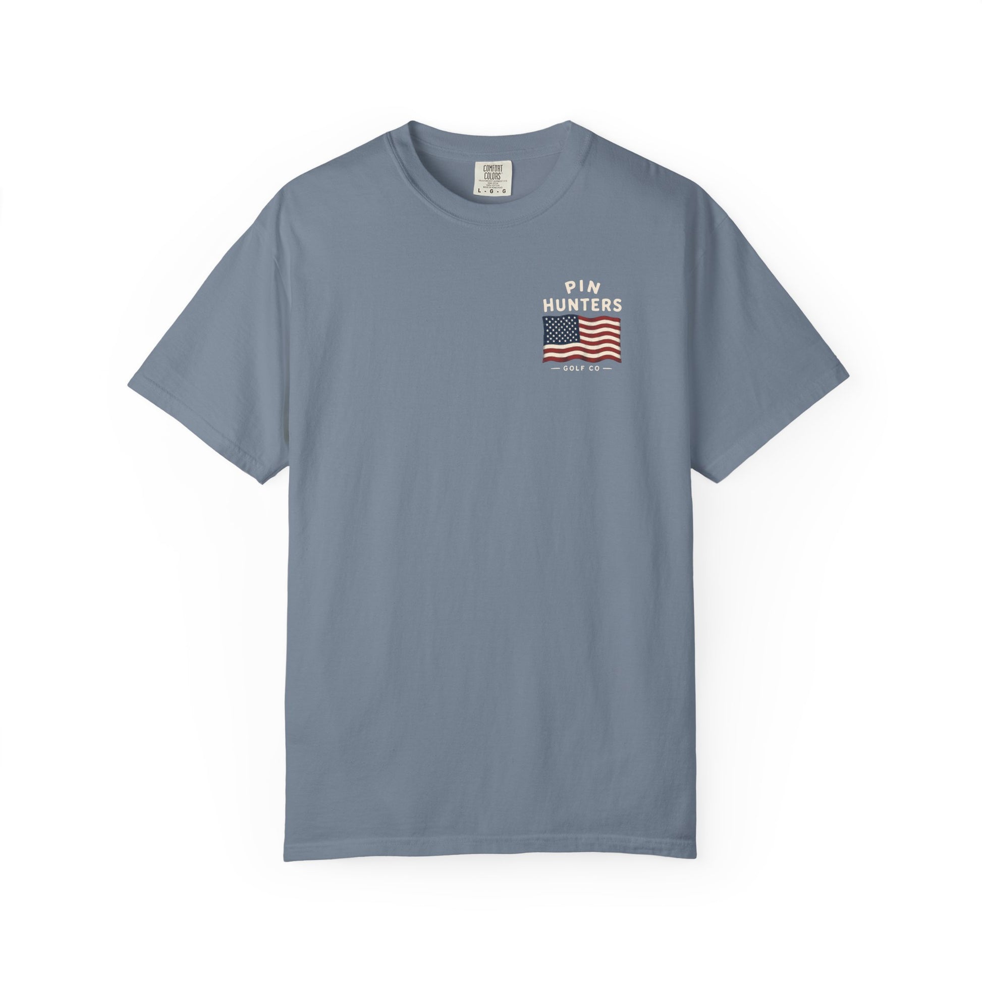 Slate blue Colby T-shirt shown flat with a small Pin Hunters American flag chest graphic.