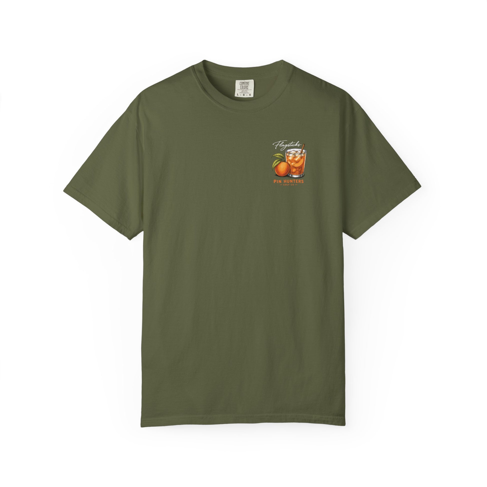 Olive green Peachy T-shirt shown flat with a small peach iced tea chest graphic.