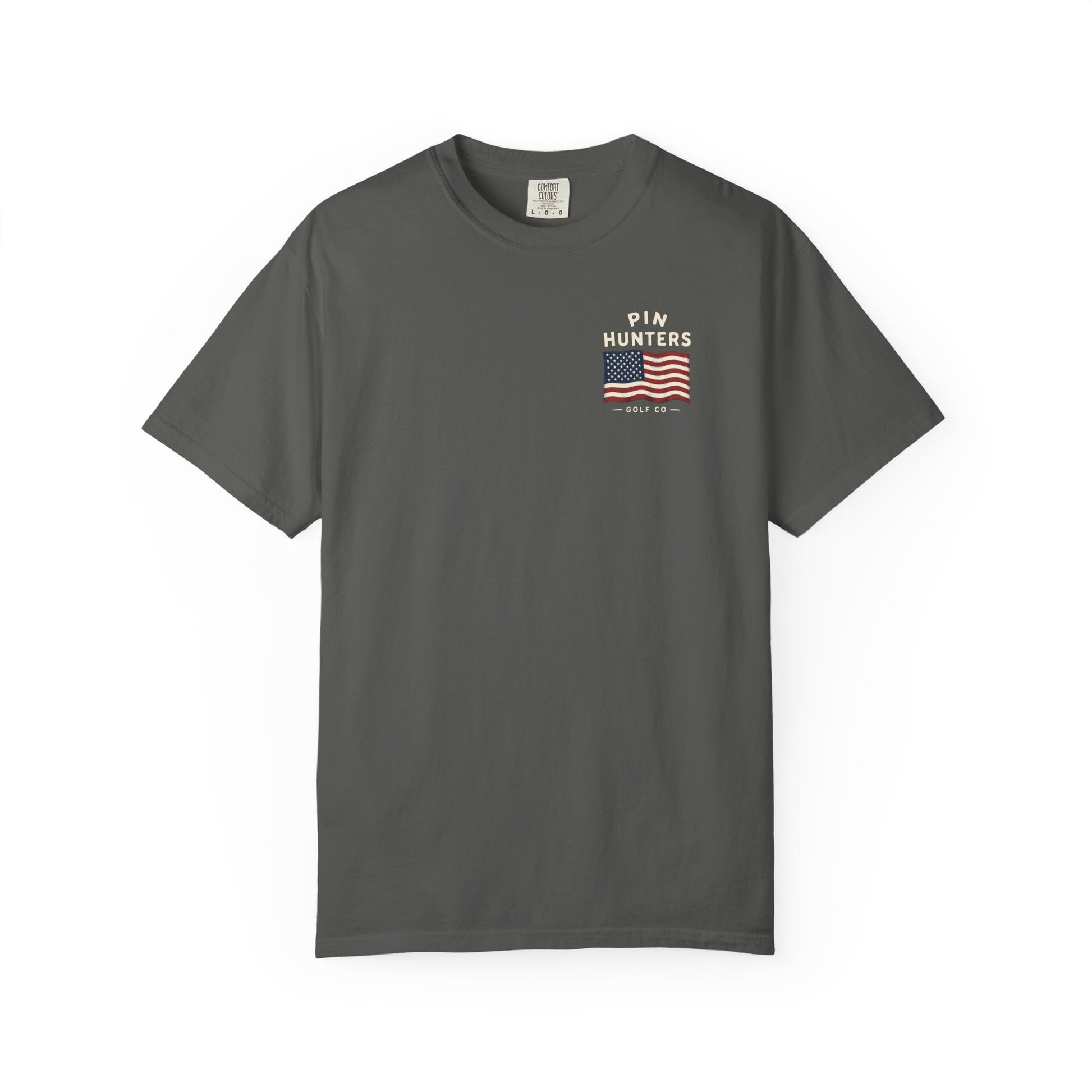 Charcoal Colby T-shirt shown flat with a small Pin Hunters American flag chest graphic.