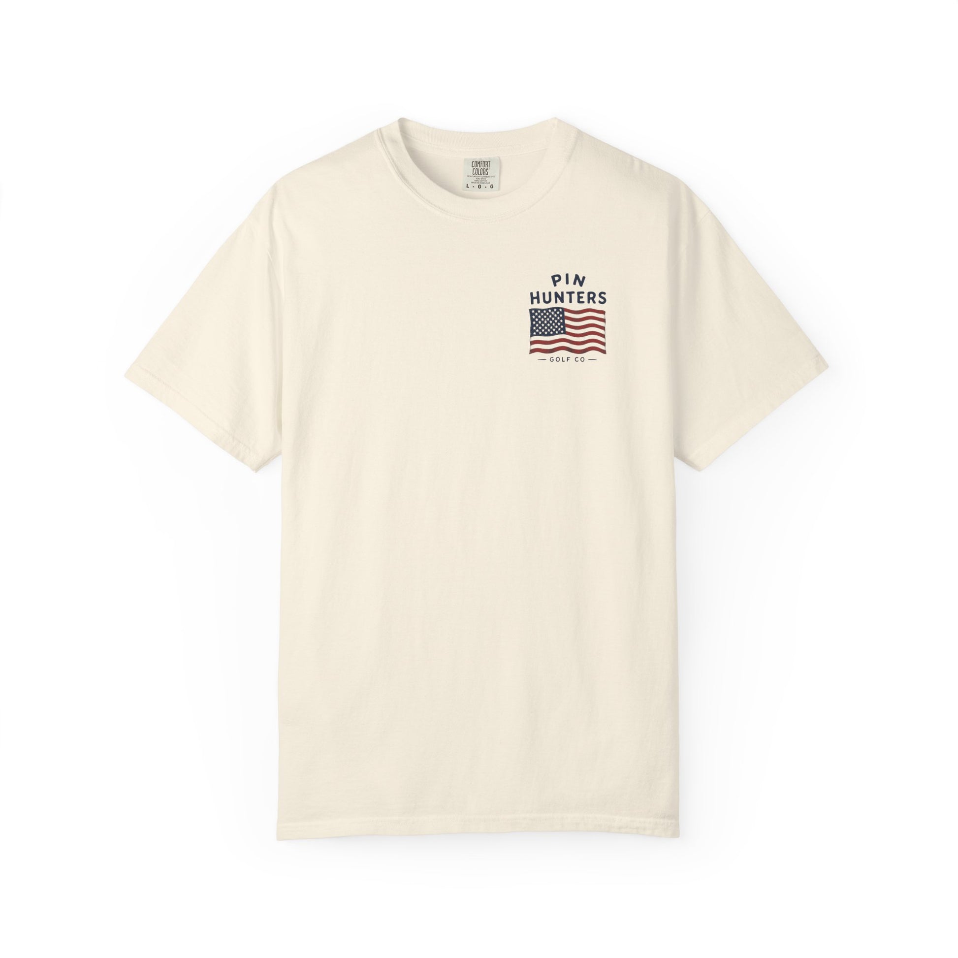 Natural Colby T-shirt shown flat with a small Pin Hunters American flag chest graphic.