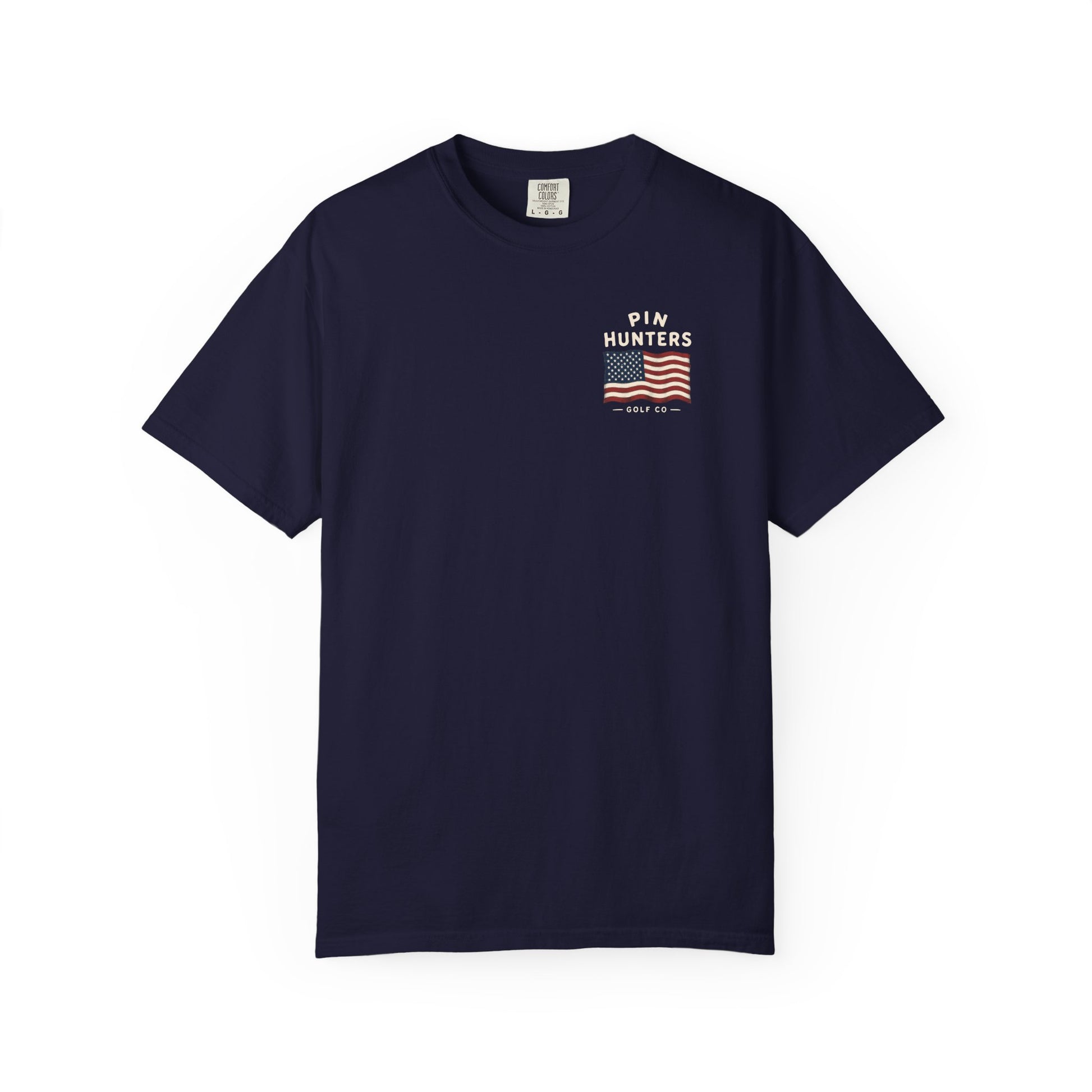 Navy Colby T-shirt shown flat with a small Pin Hunters American flag chest graphic.