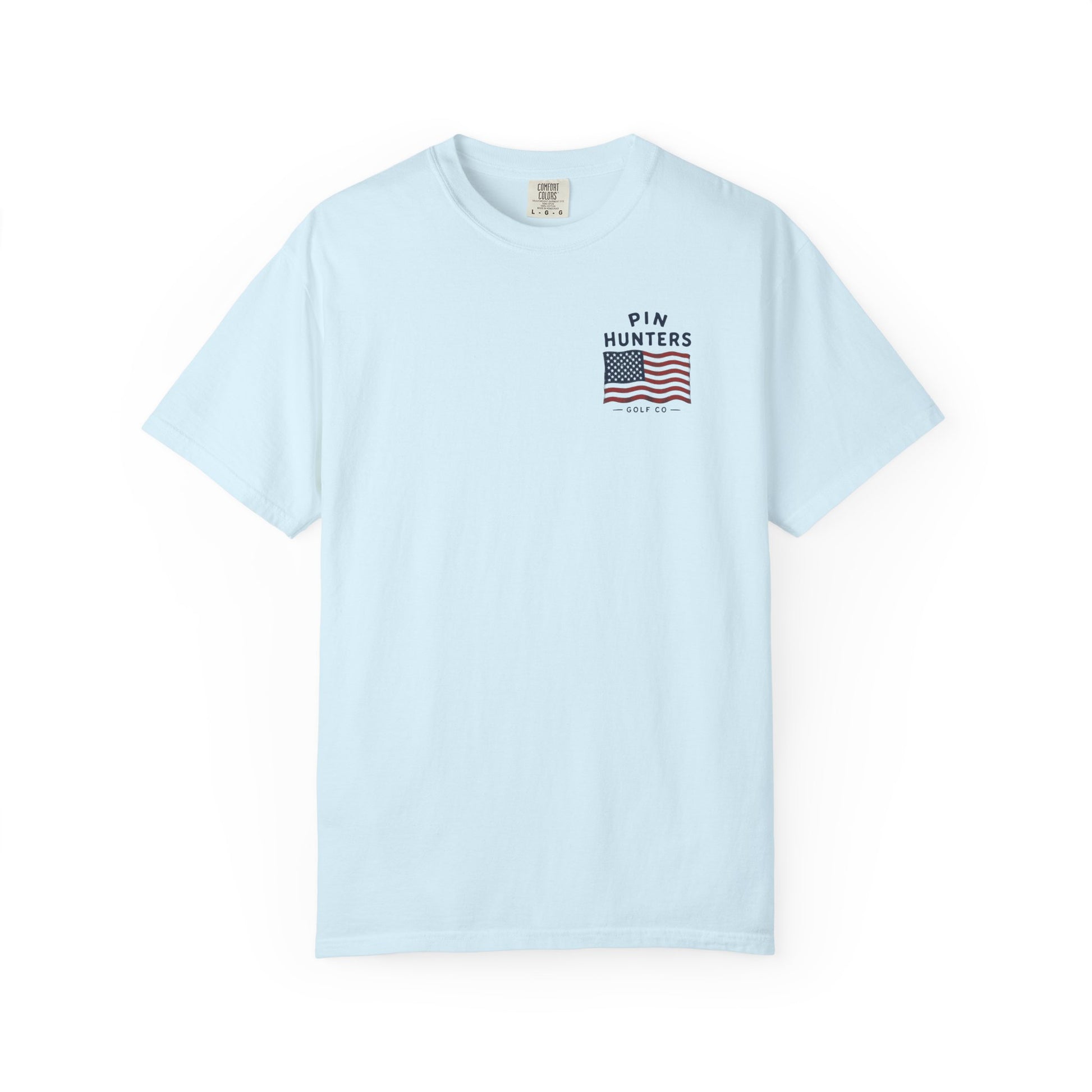 Light blue Colby T-shirt shown flat with a small Pin Hunters American flag chest graphic.