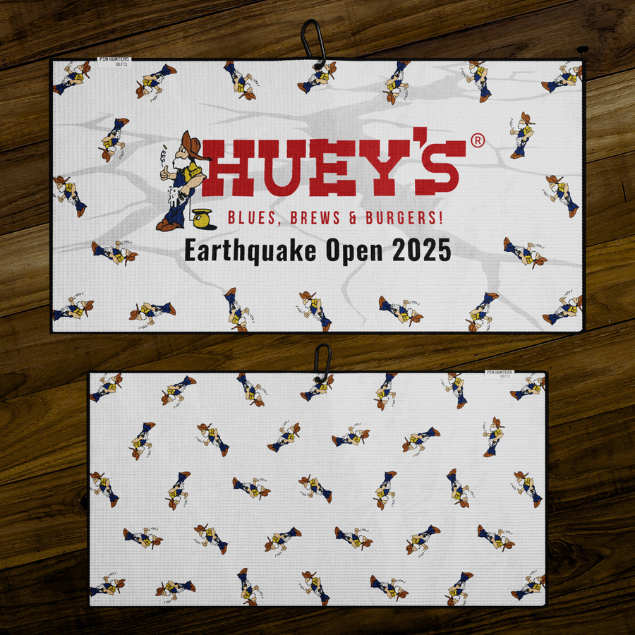 Huey's Earthquake Open 2025 custom golf towel shown front and back