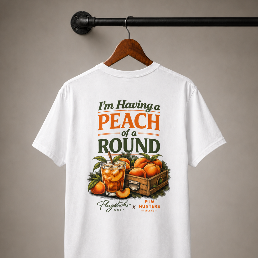 I'm Having a Peach of a round golf tee from Pin Hunters Golf and Flagsticks Golf Hanging