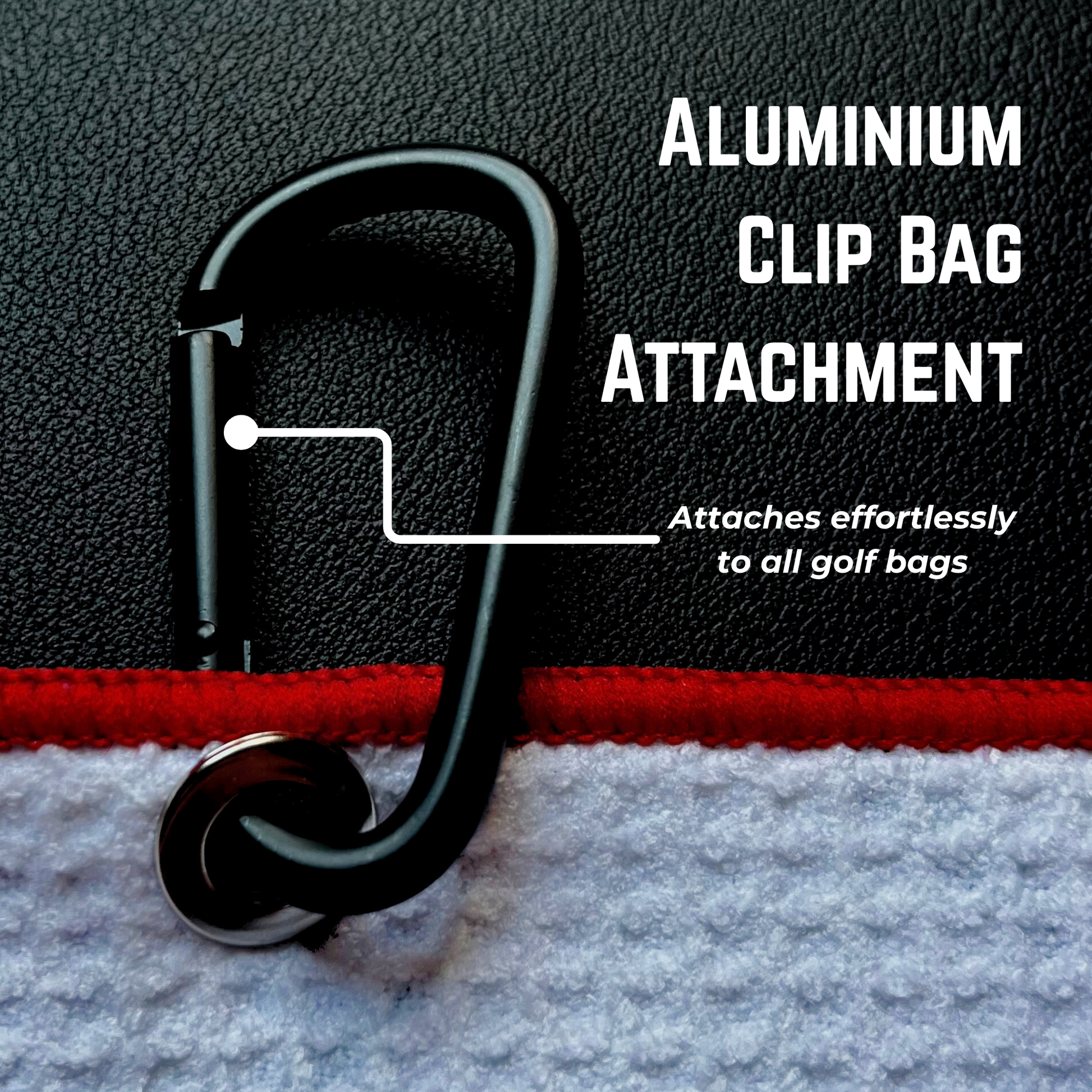 Close-up of black aluminum clip bag attachment on a golf towel with callout text and red trim.