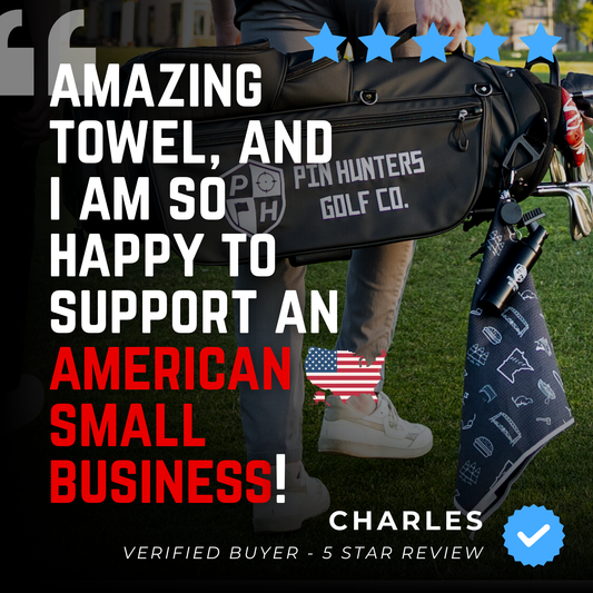Customer review graphic featuring a Pin Hunters golf towel on a golf bag with five stars, verified buyer text, and American small business message.