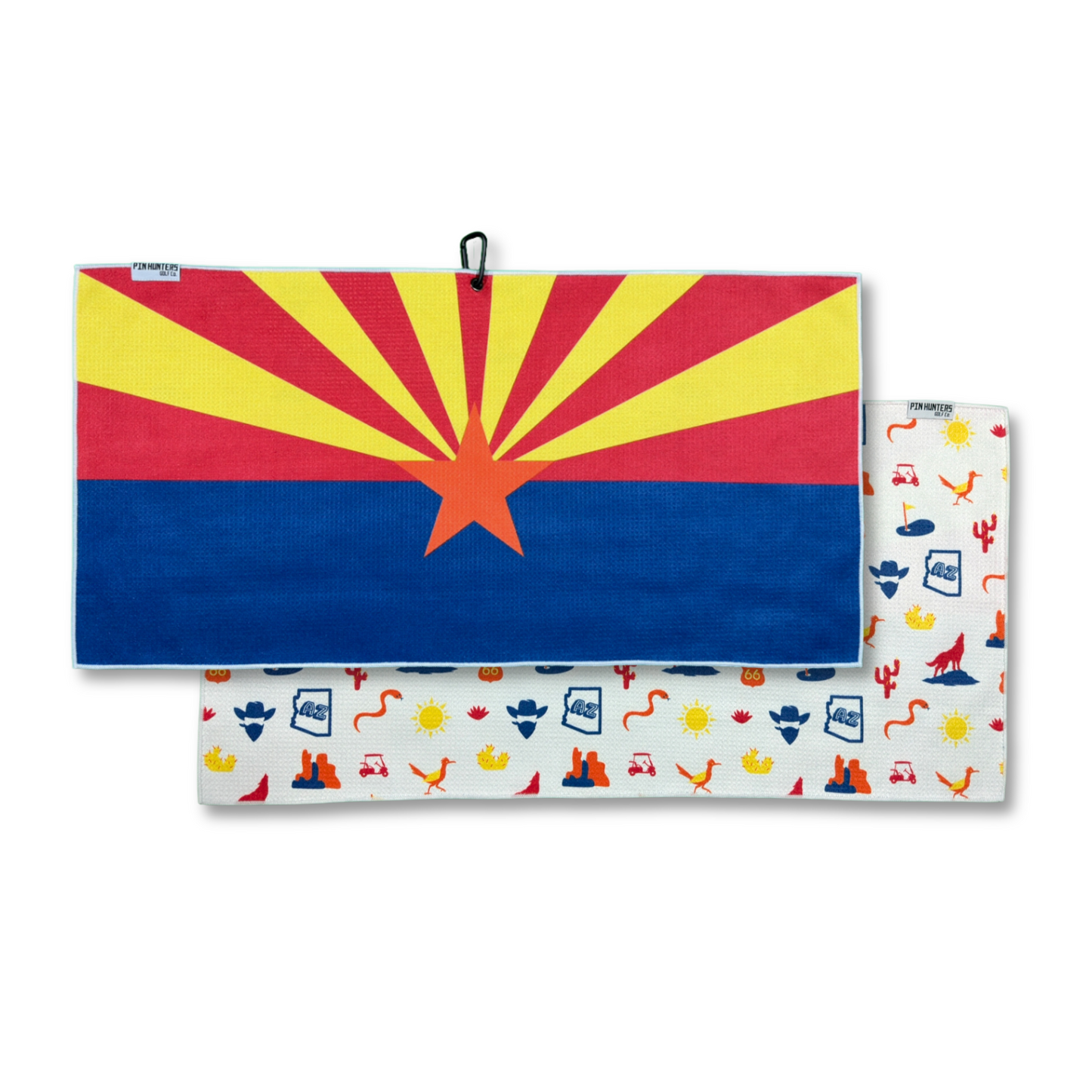 Arizona flag golf towel product image showing the red and yellow sunrise front design with orange star and a white Arizona desert themed back pattern.