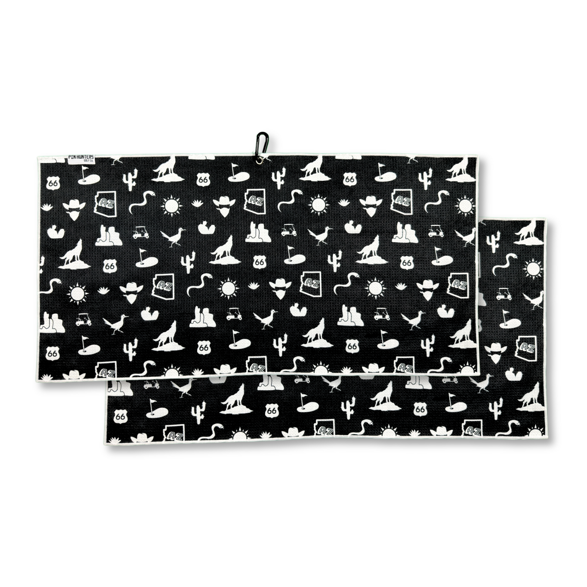 Black Arizona themed golf towel product image with white cactus, desert, road sign, sun, golf cart, golfer, and golf flag icons.
