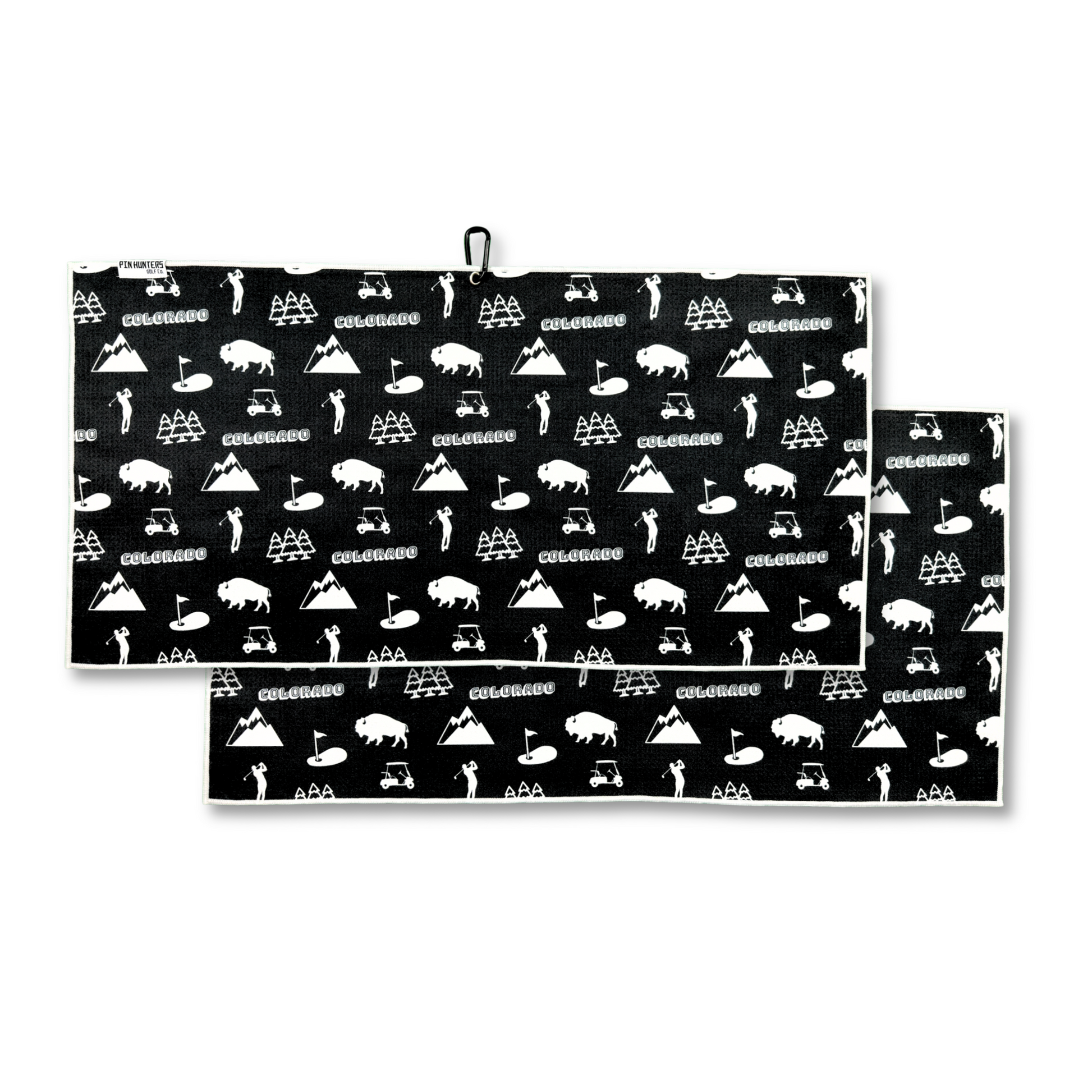 Black Colorado golf towel product image showing a front and back pattern with white Colorado text, mountains, bison, pine trees, golfers, carts, and golf flags.