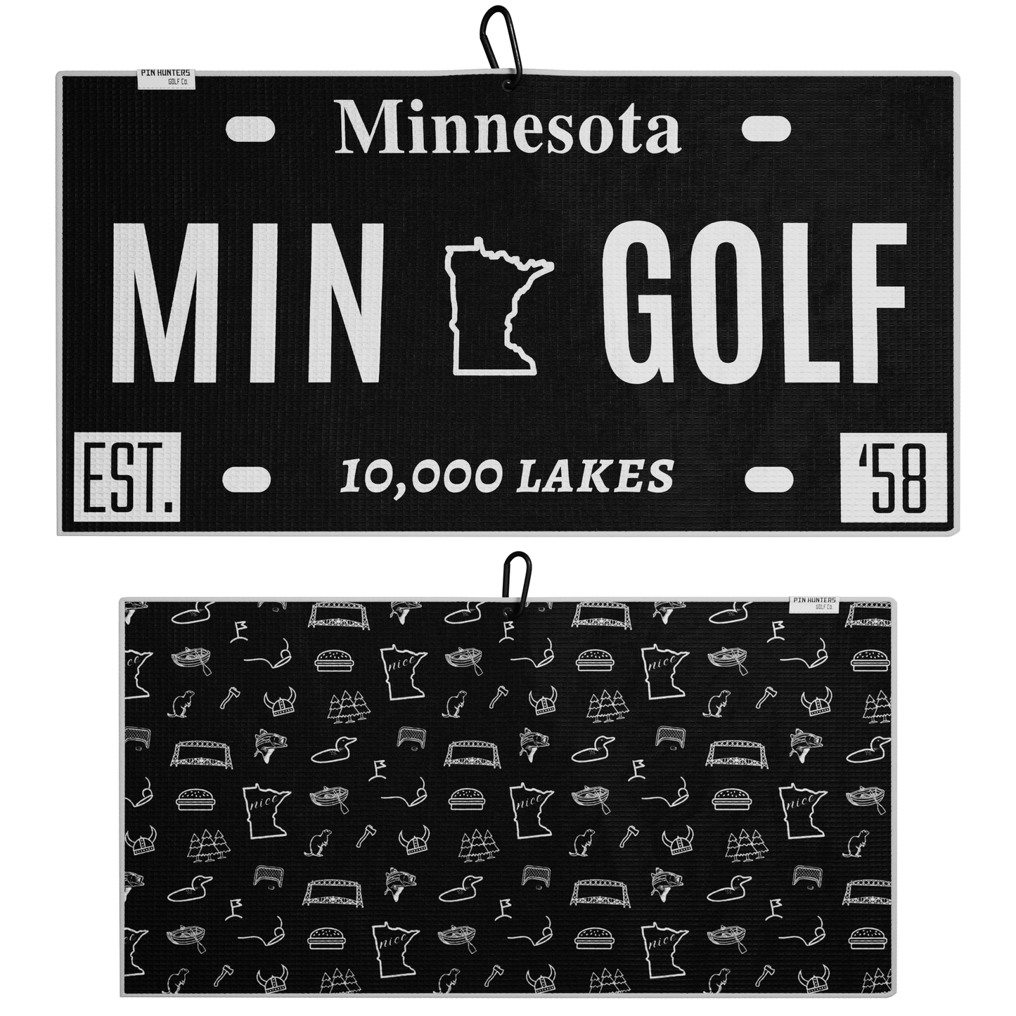 Black Minnesota license plate golf towel set with white MIN Golf design, 10,000 Lakes text, and patterned back towel.