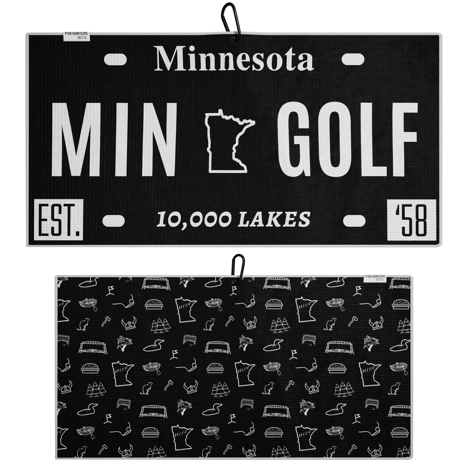 Black Minnesota license plate golf towel set with white MIN Golf design, 10,000 Lakes text, and patterned back towel.