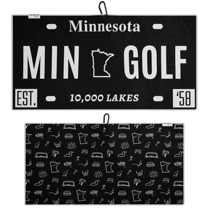 Black Minnesota license plate golf towel set with white MIN Golf design, 10,000 Lakes text, and patterned back towel.
