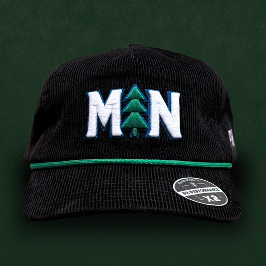 Black MN pine tree Timberwolves corduroy performance hat with white and green embroidery, green rope, flat brim, and PH Performance X3 sticker.