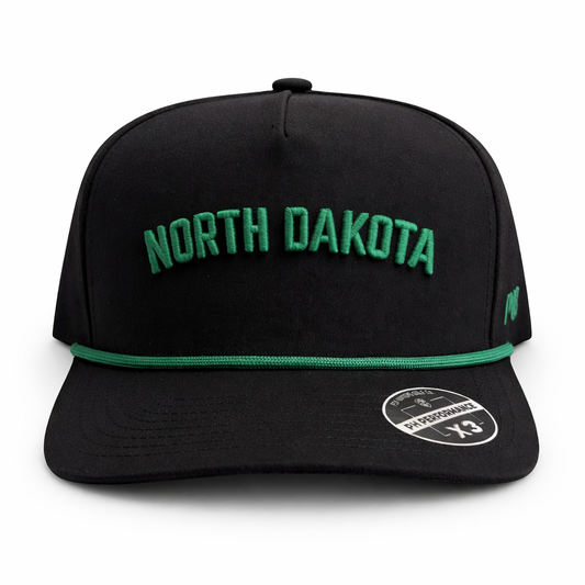 Front view of the black North Dakota Performance Hat by Pin Hunters Golf Co. with green NORTH DAKOTA embroidery and matching green rope detail.
