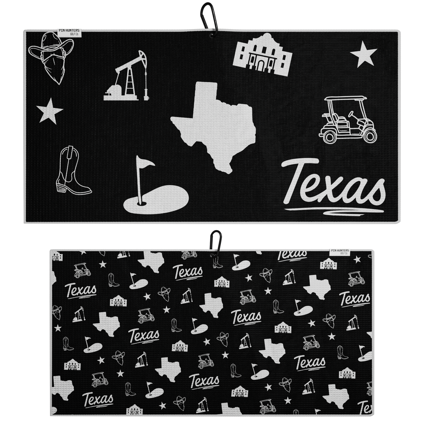 Black Texas themed golf towel product image showing the front design and repeating back pattern with Texas, western, and golf icons.