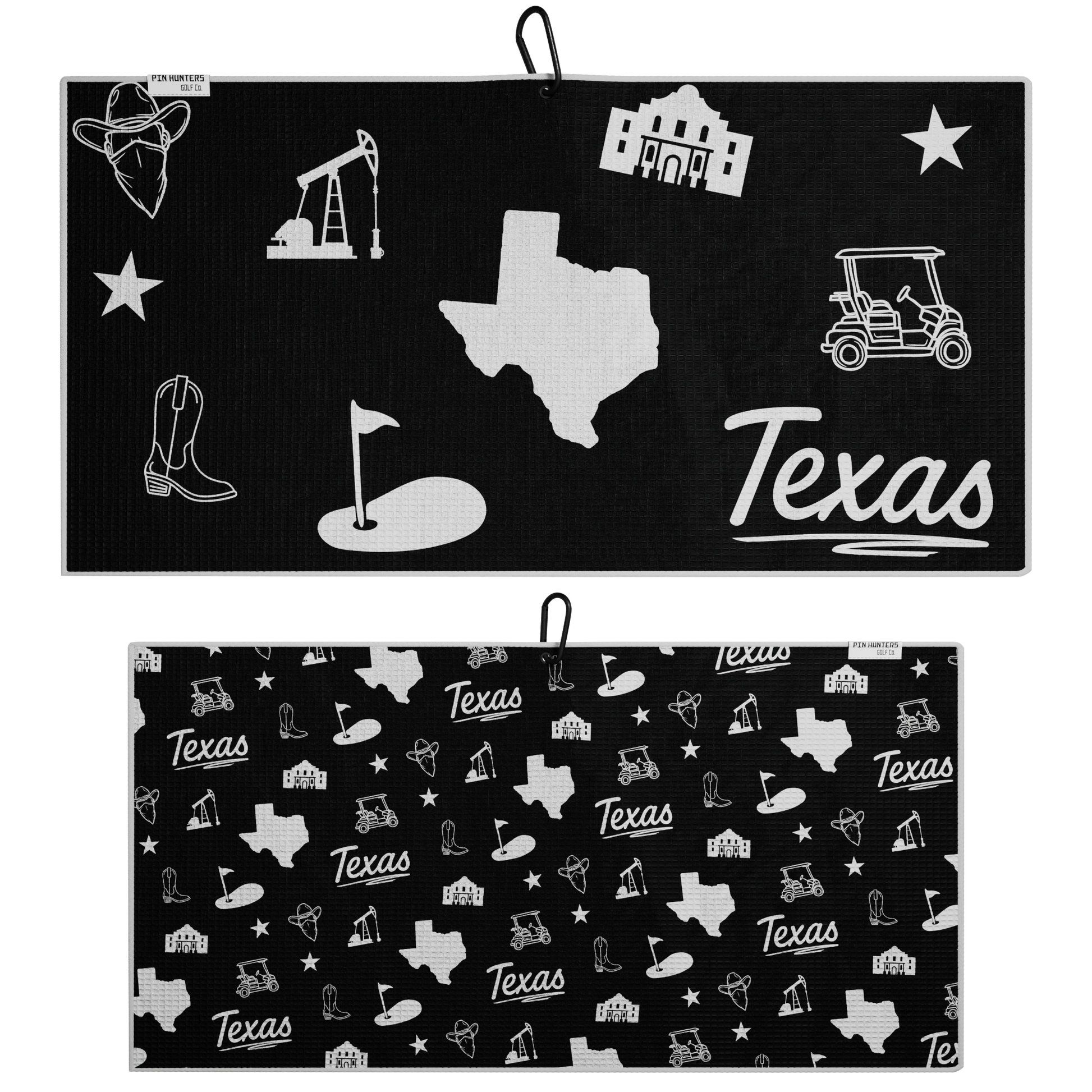 Black Texas themed golf towel product image showing the front design and repeating back pattern with Texas, western, and golf icons.