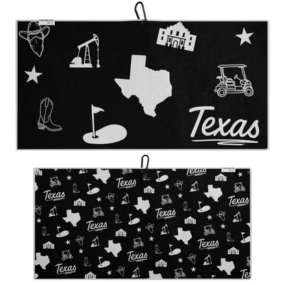 Black Texas themed golf towel product image showing the front design and repeating back pattern with Texas, western, and golf icons.