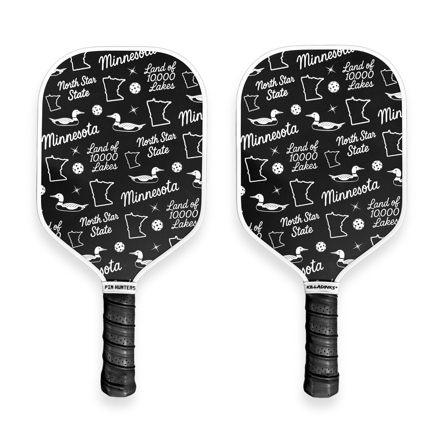 Black and white Minnesota pickleball paddle pair on white background with loons, state outlines, and North Star State graphics.