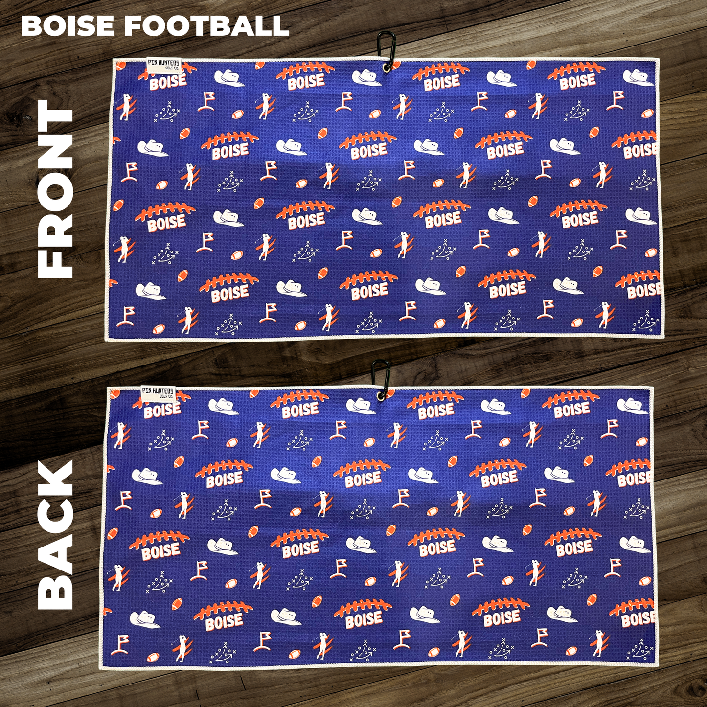 Boise State Broncos football golf towel layout with blue background, orange football icons, white hats, golfer silhouettes, and front/back views.