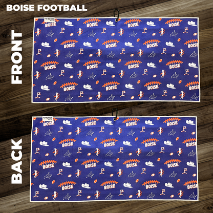 Boise State Broncos football golf towel layout with blue background, orange football icons, white hats, golfer silhouettes, and front/back views.