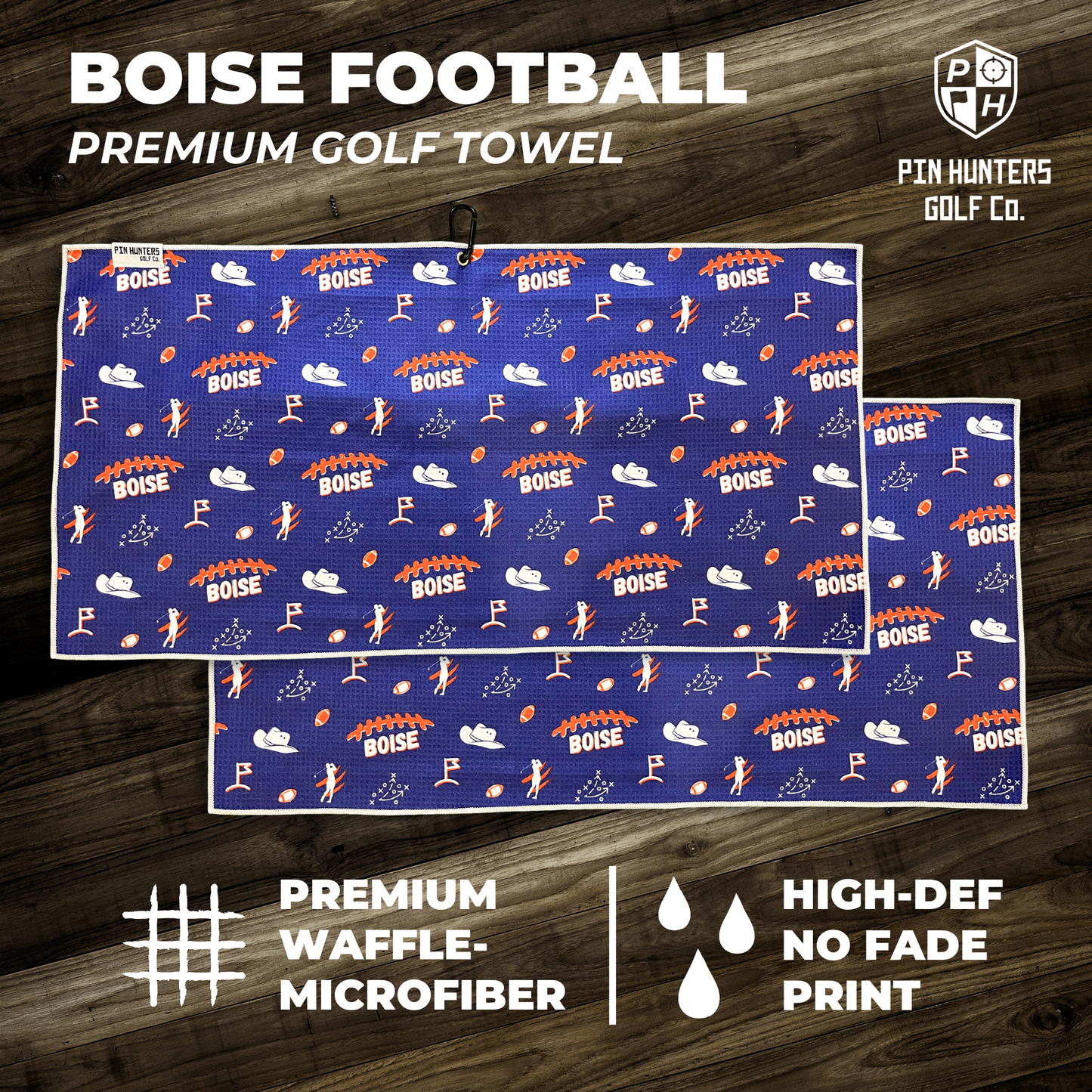 Boise State Broncos football premium golf towel graphic with stacked blue patterned towels, orange accents, and waffle microfiber callouts.