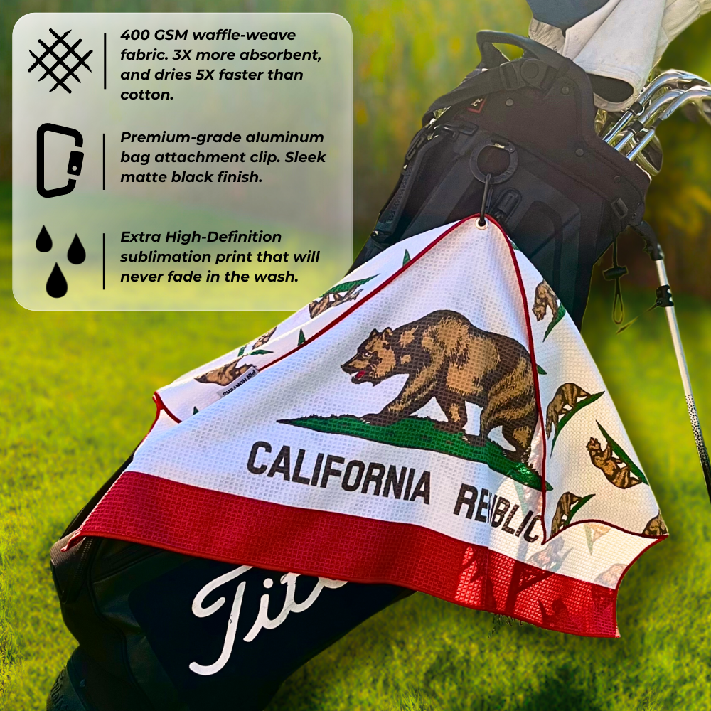 California Republic golf towel product graphic showing the bear flag inspired towel on a golf bag with premium fabric and print feature callouts.