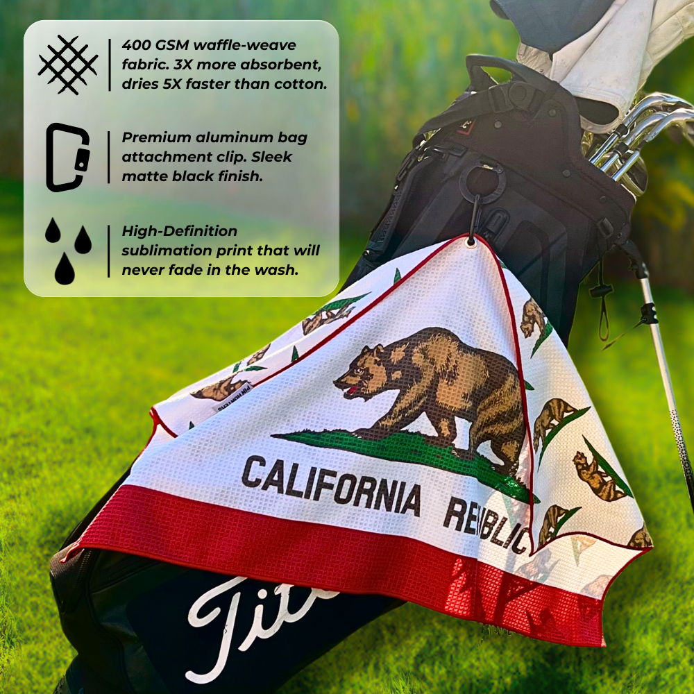 California Republic golf towel hanging from a golf bag with product callouts for absorbent waffle fabric, premium aluminum bag clip, and durable sublimation print.