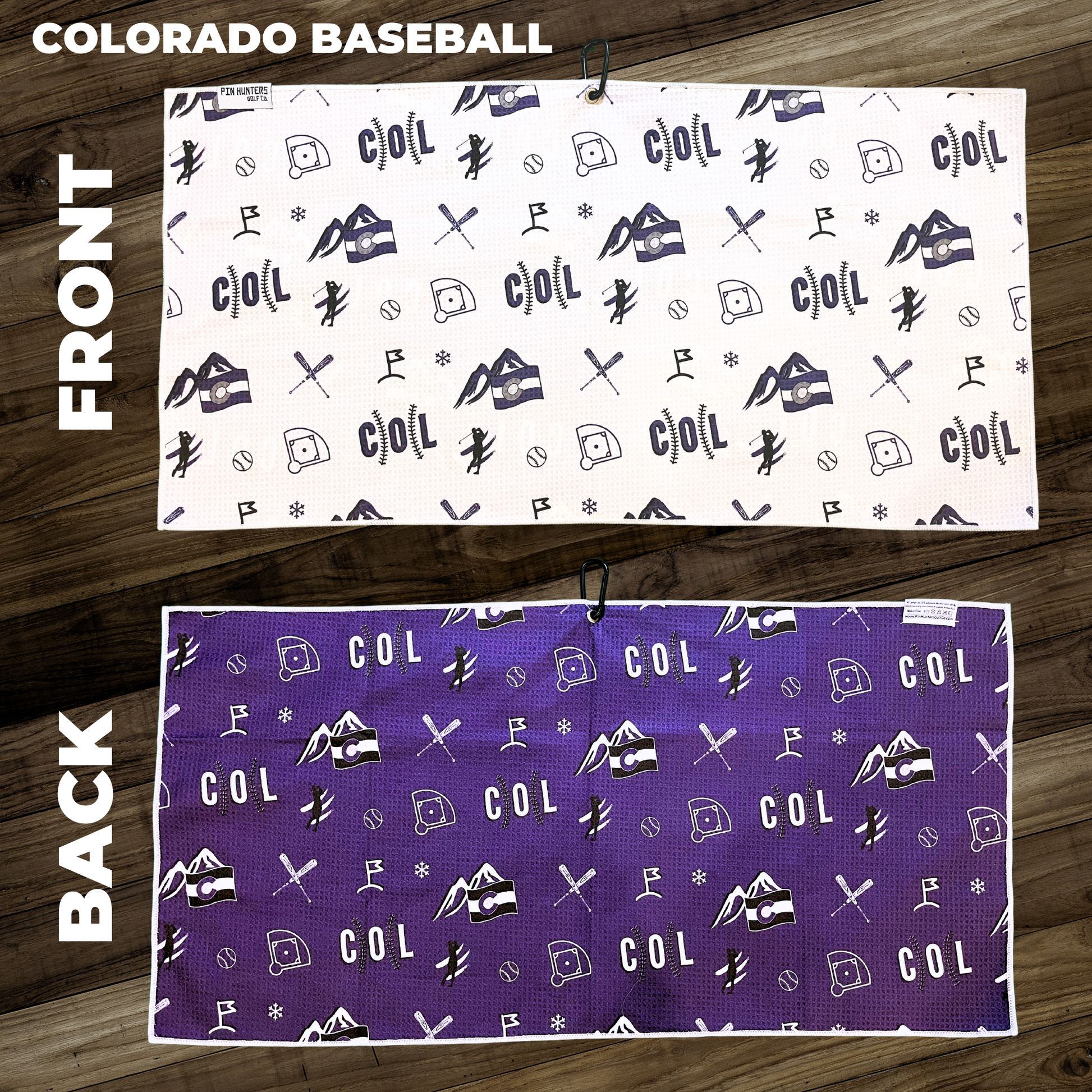 Colorado baseball golf towel layout with purple and white patterns, Colorado flags, baseballs, bats, mountains, and golf icons.