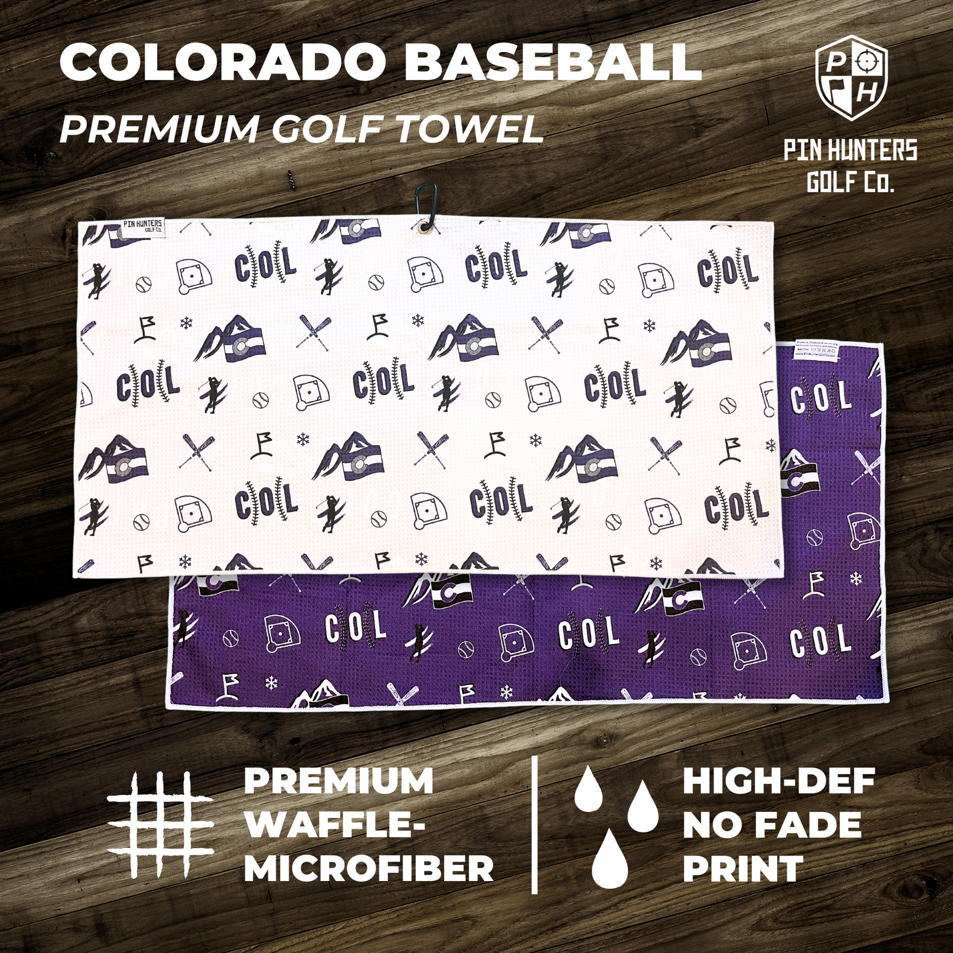 Colorado baseball premium golf towel display with purple and white patterned towels, waffle microfiber texture, and baseball themed icons.