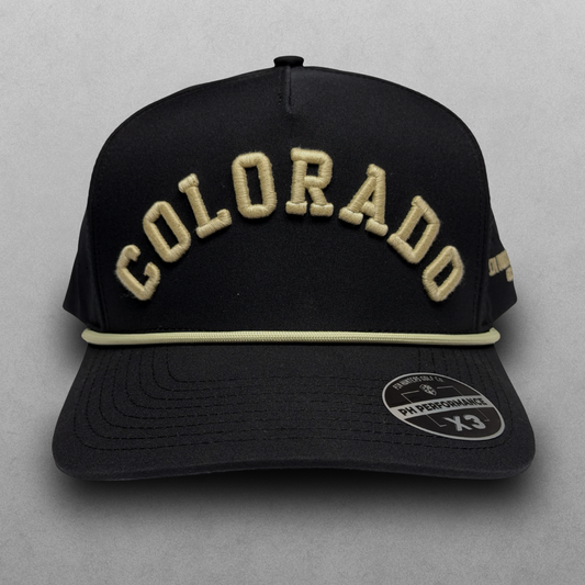 Black Colorado Buffs Boulder performance hat with cream raised arched embroidery, cream rope detail, side embroidery, and PH Performance X3 sticker.