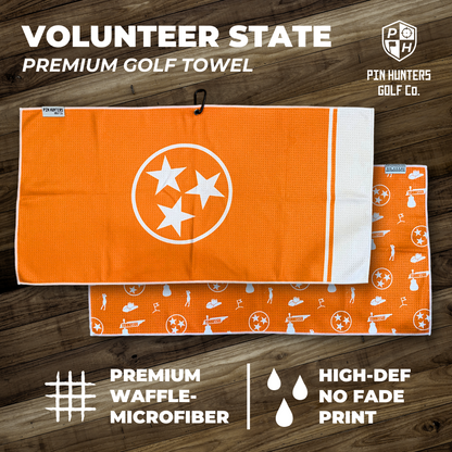 Colorado flag golf towel product image showing a front Colorado flag design and back pattern with Colorado mountains, bison, and golf icons.