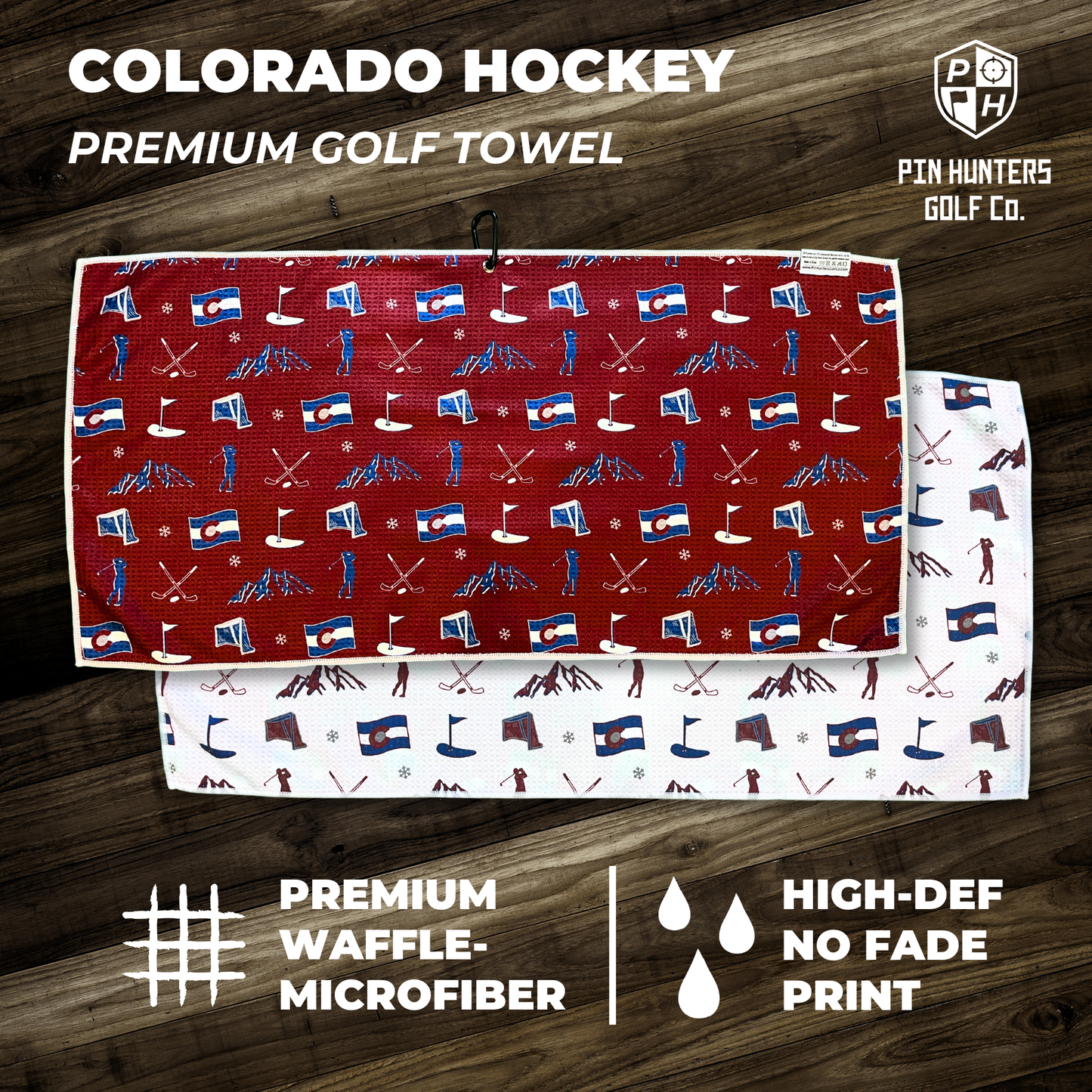Colorado hockey premium golf towel display with red and white patterned towels, waffle microfiber texture, and Colorado hockey icons.