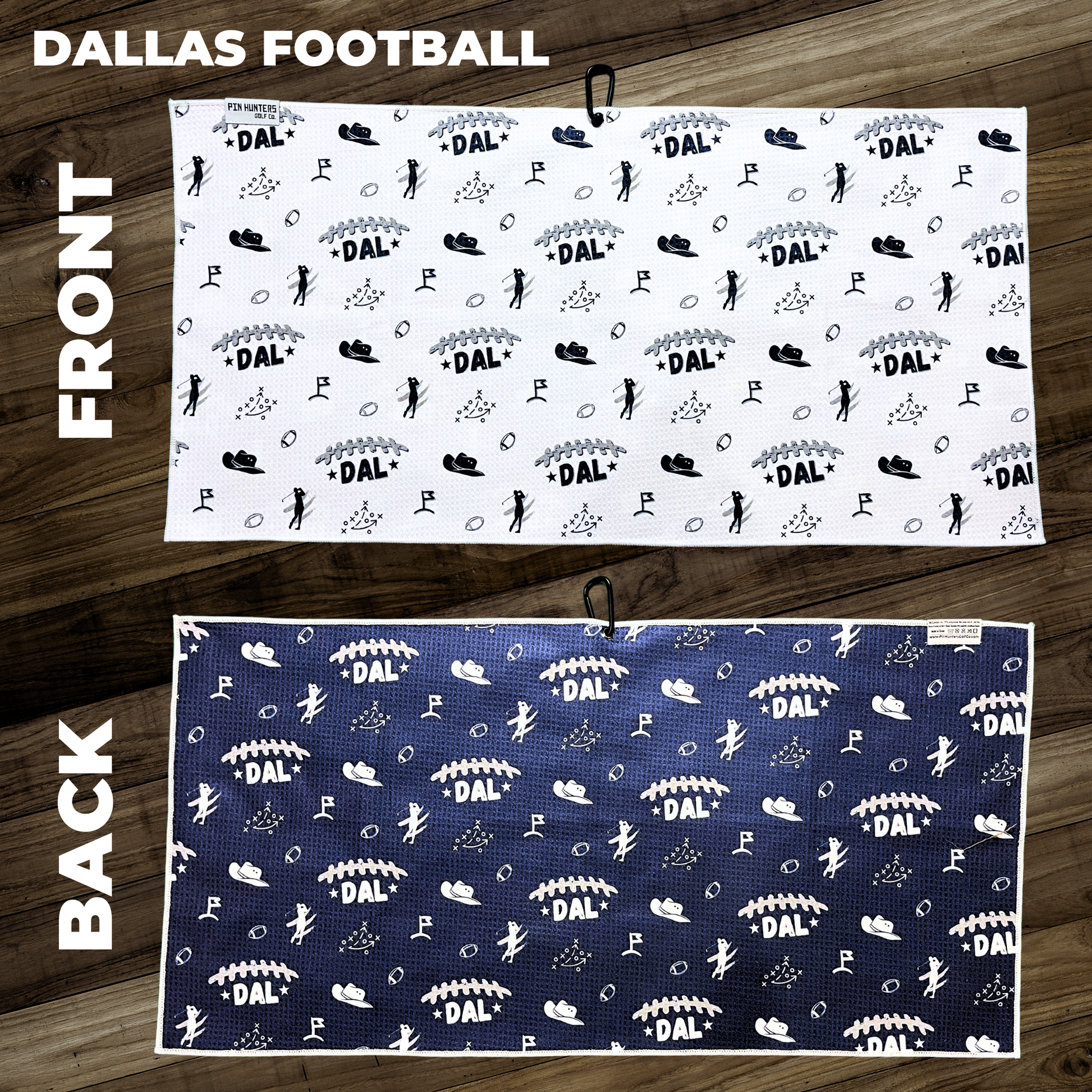 Dallas Cowboys inspired golf towel layout showing white front and navy back towels with football, cowboy hat, play diagram, flag, and golf icons.