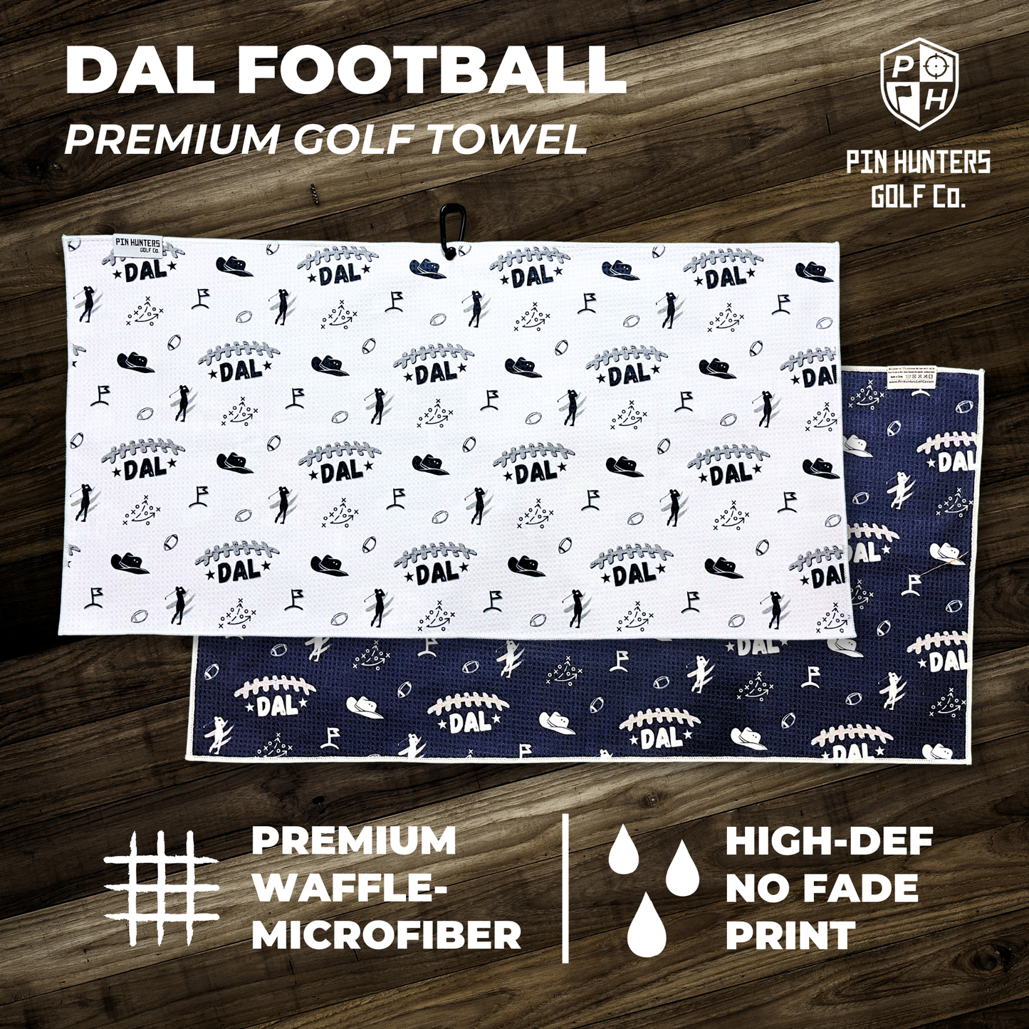 Dallas Cowboys inspired premium golf towel product graphic with white front towel, navy back towel, football themed pattern, waffle microfiber callout, and high-def no fade print callout.