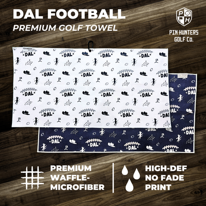 Dallas Cowboys inspired premium golf towel product graphic with white front towel, navy back towel, football themed pattern, waffle microfiber callout, and high-def no fade print callout.