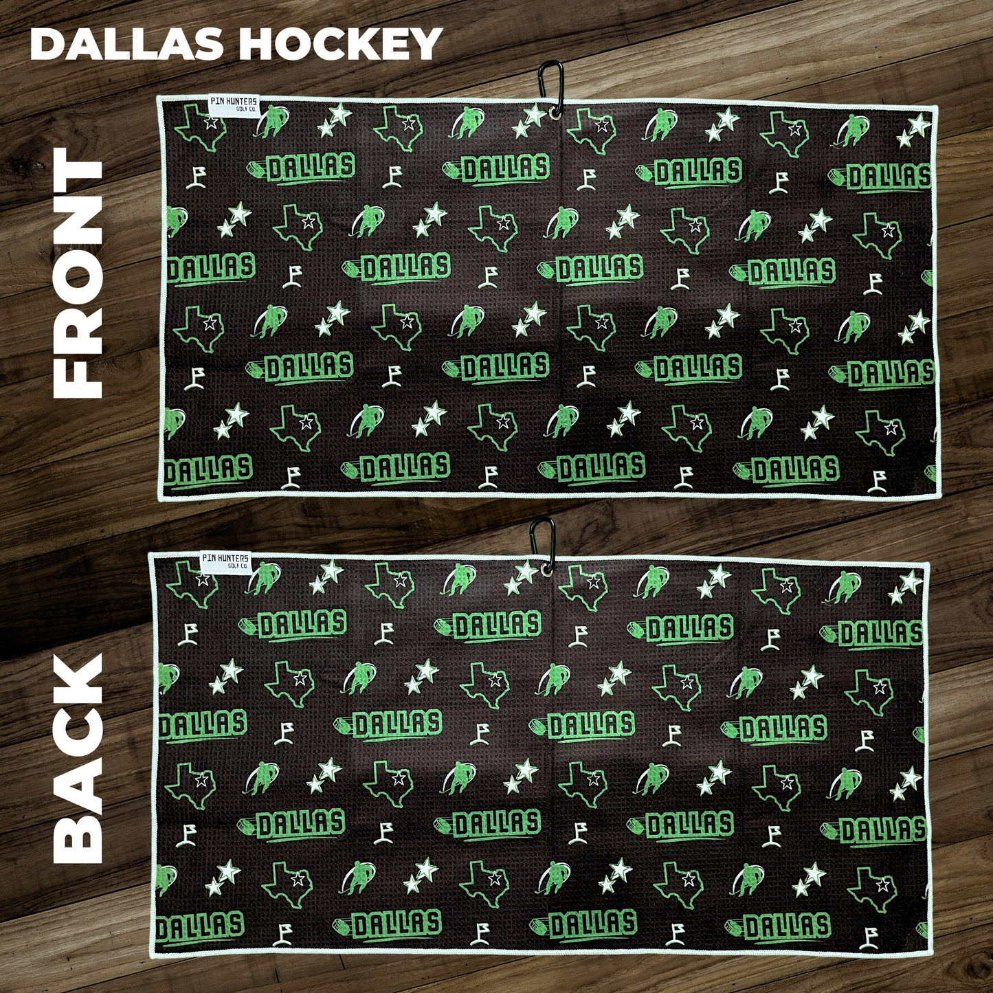 Dallas Stars inspired hockey golf towel layout showing black front and back towels with green Dallas hockey icons, Texas shapes, stars, flags, and player silhouettes.