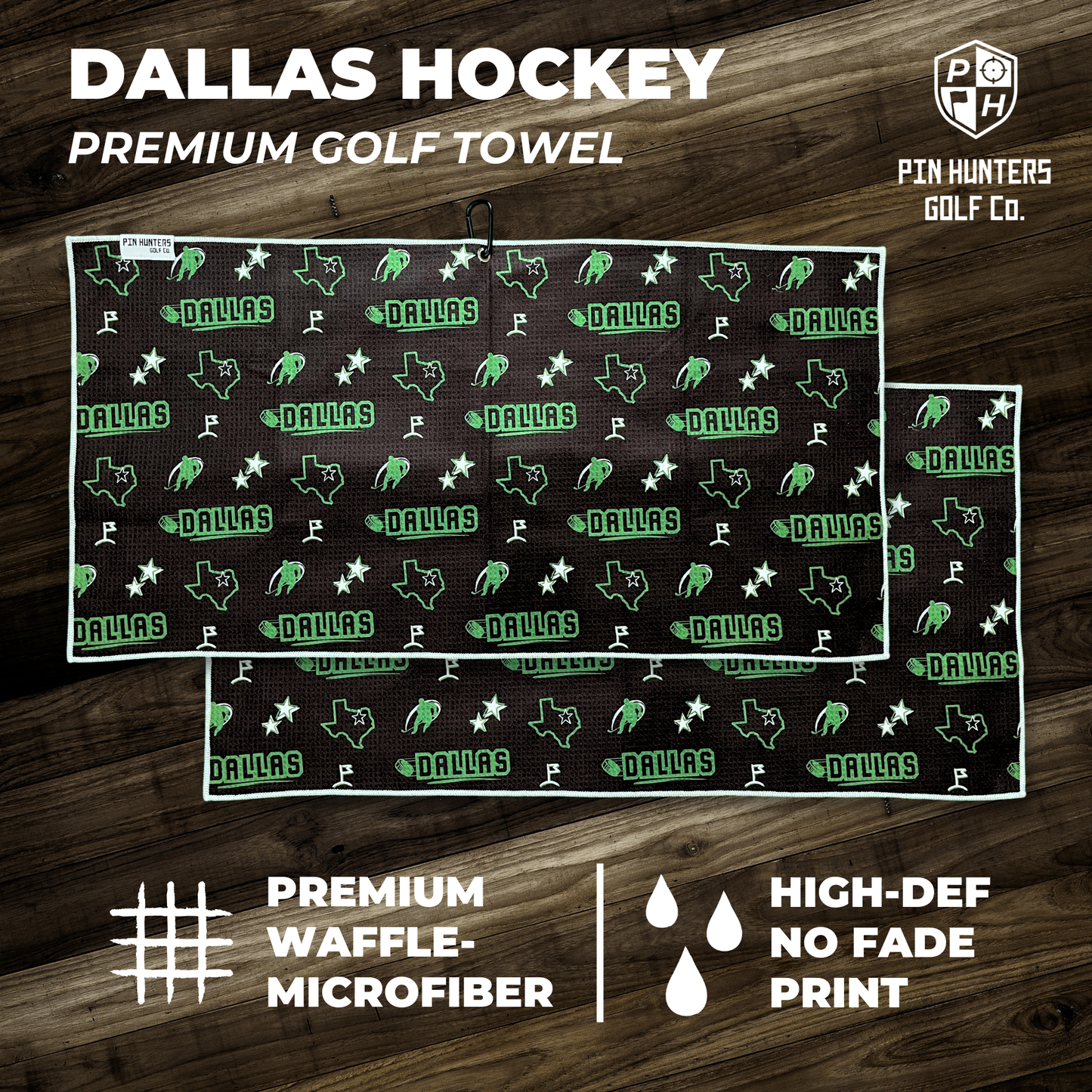 Dallas Stars inspired premium golf towel product graphic with front and back towel designs, green hockey pattern, waffle microfiber callout, and high-def no fade print callout.